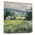 Landscape wall art featuring a serene countryside scene, displayed in an acrylic glass frame with visible mounting pins, highlighting vibrant colors and detailed textures. Ideal for home decor enthusiasts seeking to enhance their living space with nature-inspired artwork.