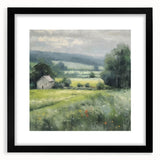 Landscape wall art framed in black with a white mat, showcasing a serene countryside scene filled with lush greenery and rolling hills, perfect for home decor.