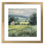 Landscape wall art featuring a serene countryside scene in a gold frame with a white mat, perfect for enhancing home decor with a touch of elegance and nature-inspired beauty.