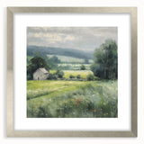 Landscape wall art featuring a serene countryside scene, framed in a sleek silver mat, perfect for enhancing home decor with natural beauty. Ideal for living rooms or offices.
