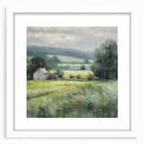 Landscape wall art featuring a serene countryside scene, framed with a white mat and elegant frame, perfect for home decor to enhance relaxation and tranquility.