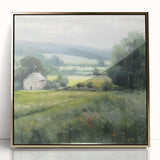 Framed acrylic wall art featuring a serene countryside landscape, showcasing lush green fields and a vibrant sky, enhanced with a gold frame for elegance.
