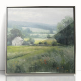 Framed landscape wall art depicting a serene countryside scene in vibrant colors, featuring a silver-acrylic finish that enhances depth and detail. Perfect for home decor.