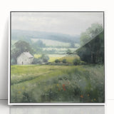 Framed acrylic wall art depicting a serene countryside landscape with vibrant greens and blues, enhancing home decor with nature-inspired elegance.