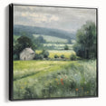Framed wall art featuring a serene countryside landscape with rolling hills and lush greenery, presented in a sleek black frame, enhancing any home decor.