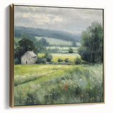Framed canvas artwork depicting a serene countryside landscape, featuring silver and gold accents. This elegant piece adds a touch of sophistication to home decor, perfect for nature lovers and art enthusiasts.