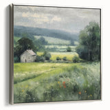Framed landscape wall art depicting a serene countryside scene with rolling hills and vibrant greenery, showcased in a sleek silver frame, ideal for home decor.
