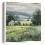 Framed landscape wall art depicting a serene countryside scene with rolling hills and vibrant greenery, showcased from a white side view, perfect for home decor.