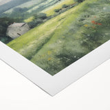 Vibrant landscape wall art printed on rolled canvas, showcasing a serene countryside scene with rolling hills and a colorful sunset, ideal for home decor.