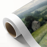 Vibrant landscape wall art on rolled canvas showcasing a serene countryside scene with lush greenery and a clear blue sky, ideal for home decor.