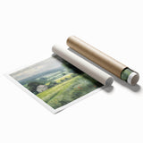 Landscape countryside wall art print featuring vibrant green fields and a serene blue sky, rolled and packaged in a protective cardboard tube for easy storage.