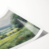 Serene landscape wall art print showcasing a vibrant countryside scene with rolling green hills, a bright blue sky, and scattered fluffy clouds, rolled for easy display.