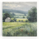 Landscape wall art featuring a serene countryside scene with lush green fields and a colorful sunset, printed on high-quality stretched canvas for vibrant decor.