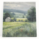 Stretched canvas wall art depicting a serene countryside landscape, featuring lush green fields and a clear blue sky, perfect for home decor and nature lovers.
