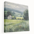 Stretched canvas wall art depicting a serene landscape of rolling green hills and a clear blue sky, showcasing vibrant colors and detailed textures, perfect for home decor.
