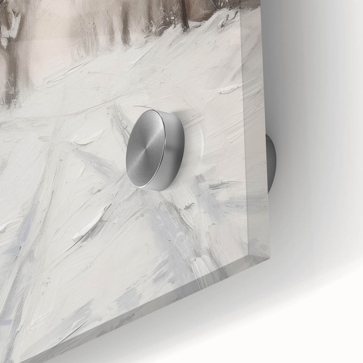 Close-up of a vibrant acrylic landscape artwork displayed on glossy glass, showcasing rich colors and intricate details, ideal for modern home decor.