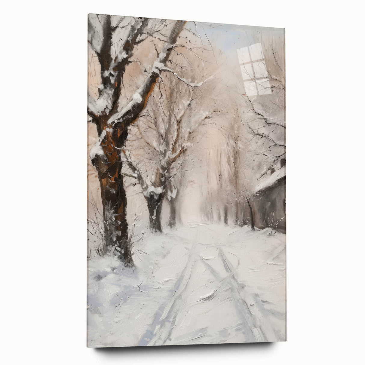 Acrylic glass landscape artwork displayed from a side view, showcasing vibrant colors and intricate details, perfect for modern home decor.