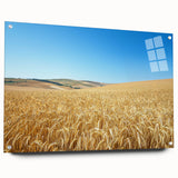 Acrylic landscape artwork showcasing a serene countryside scene, displayed in a glass frame with decorative pins, highlighting vibrant colors and intricate details.