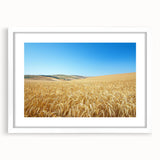 Framed landscape artwork featuring a serene countryside scene, set in a white mat with a sleek black frame, ideal for home decor enhancement.