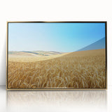 Framed acrylic artwork showcasing a serene countryside landscape with vibrant colors and gold accents, ideal for enhancing home decor and creating a calming atmosphere.