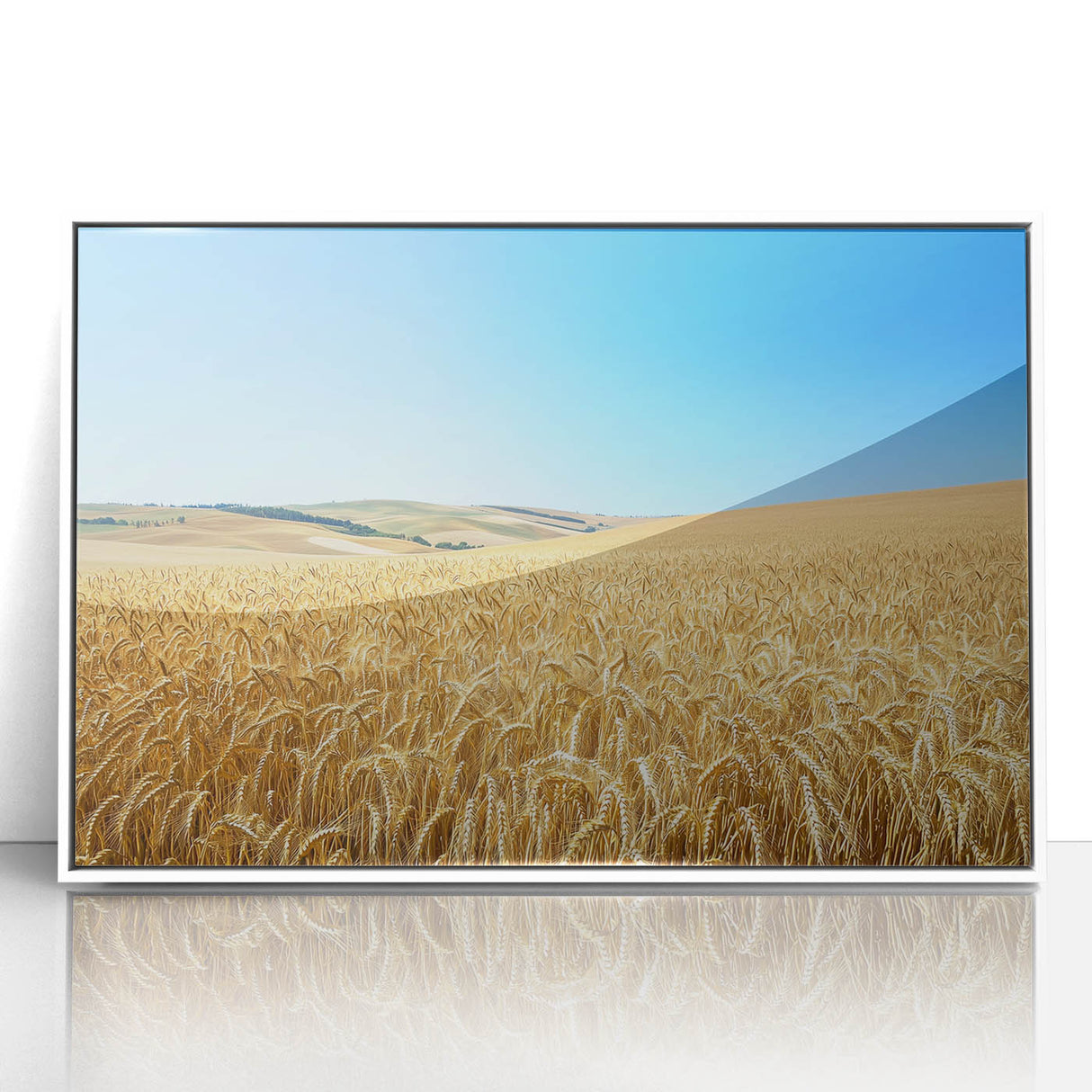 Framed acrylic artwork showcasing a serene countryside landscape with vibrant colors, set in a sleek white frame, perfect for home decor or office ambiance.