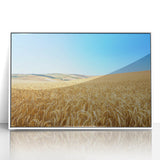 Framed acrylic artwork showcasing a serene countryside landscape with vibrant colors, set in a sleek white frame, perfect for home decor or office ambiance.