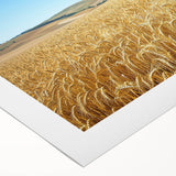 Vibrant rolled canvas art depicting a serene countryside landscape with lush green hills and a clear blue sky, elegantly packaged in a protective cardboard tube.