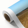 Rolled canvas artwork depicting a serene countryside landscape with lush greenery and a vibrant sky, elegantly packaged in a protective cardboard tube for safe transport.
