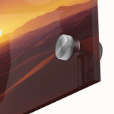 Close-up of a vibrant desert landscape design on acrylic glass, showcasing intricate details and warm colors, ideal for modern home decor or art enthusiasts.