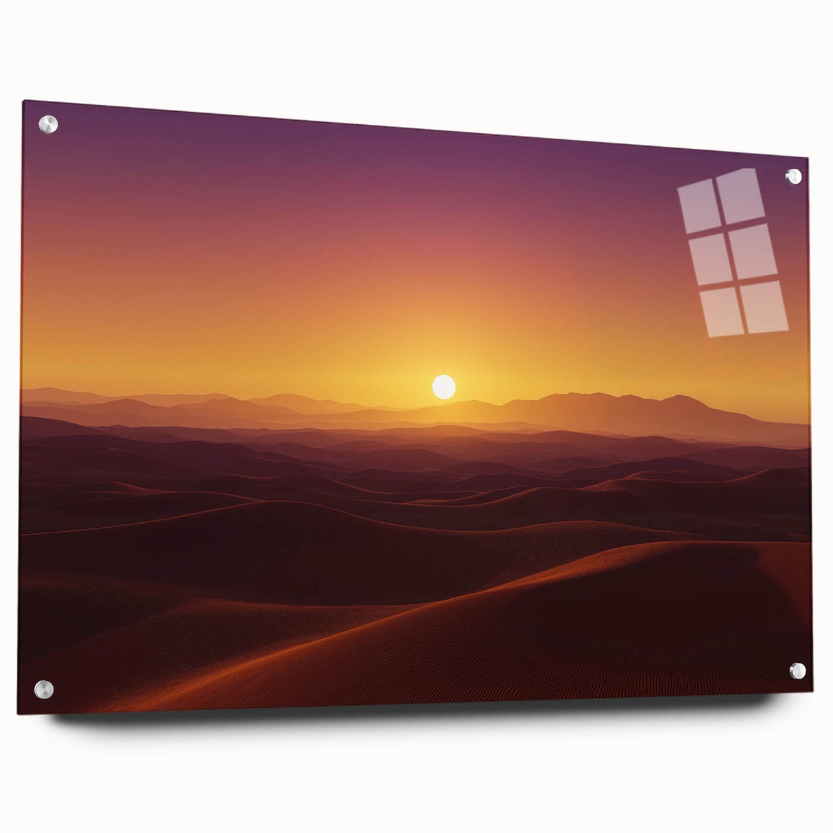 Acrylic glass artwork depicting a vibrant desert landscape with intricate details, showcased from a side view and secured with decorative pins, perfect for modern decor.