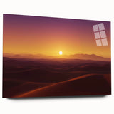 Desert landscape acrylic glass artwork showcasing vibrant orange and yellow hues, framed elegantly for modern home decor, emphasizing serene natural beauty.