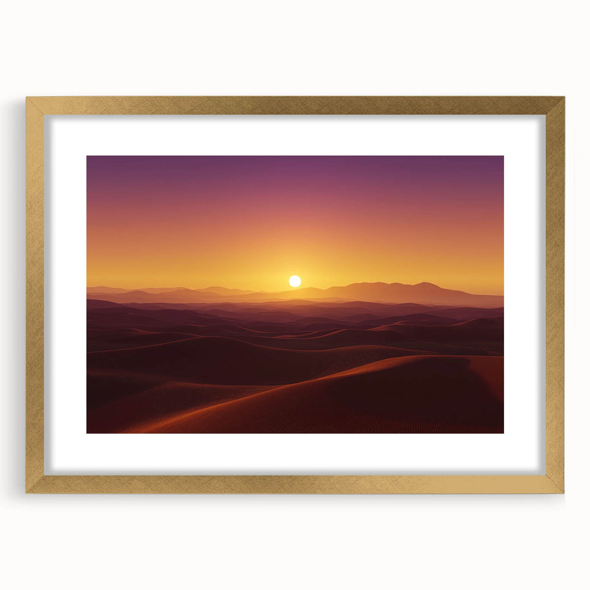 Framed desert landscape artwork featuring a gold mat, showcasing warm tones and intricate details, perfect for enhancing modern home decor.