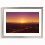 Silver-framed desert landscape art print with a mat, showcasing vibrant hues of orange and blue, perfect for enhancing modern home decor.