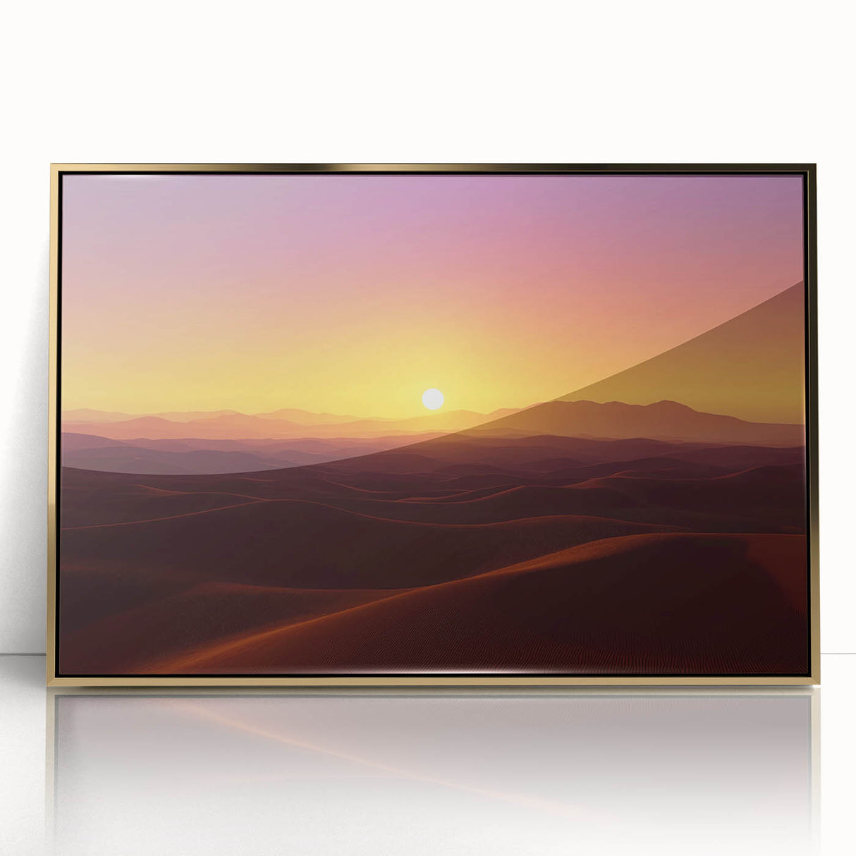 Framed acrylic artwork showcasing a vibrant desert landscape in gold tones, perfect for home decor, with a sleek modern design and elegant finish.