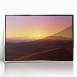 Framed acrylic art piece showcasing a vibrant desert landscape with warm hues of orange and gold, set against a sleek silver frame, perfect for modern decor.