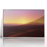 Framed acrylic artwork showcasing a vibrant desert landscape with striking orange and blue hues, set in a sleek white frame, perfect for modern decor.