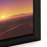Close-up of a framed canvas print showcasing a vibrant desert landscape with warm tones of orange and yellow, perfect for home decor. Ideal for nature enthusiasts.