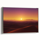 Framed canvas artwork depicting a vibrant desert landscape, featuring warm colors of orange and yellow with a sleek silver frame, ideal for home decor.