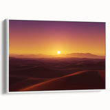 Framed canvas artwork depicting a vibrant desert landscape with warm hues of orange and yellow, showcased from a white side view, ideal for home decor.