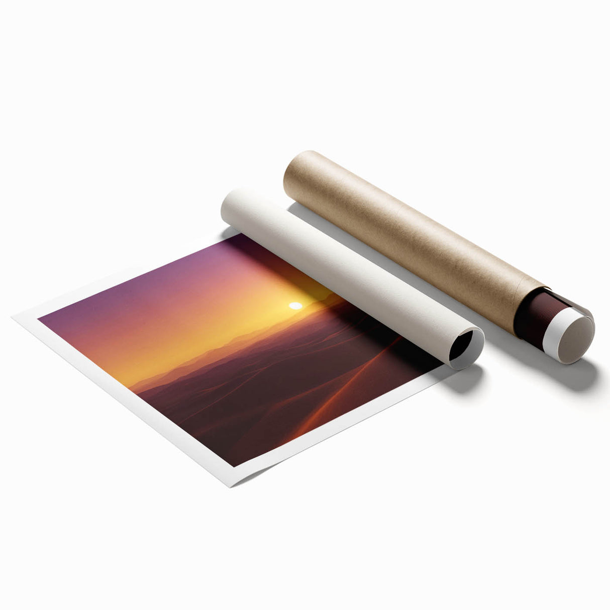 Desert landscape rolled print showcasing warm hues of orange and gold, depicting a tranquil sunset over arid terrain, carefully packaged in a protective tube for delivery.