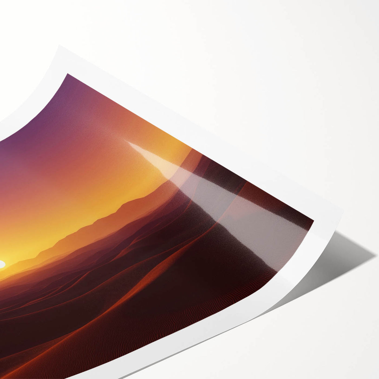 Desert landscape rolled canvas print showcasing vibrant hues of orange and yellow under a clear blue sky, elegantly packaged in a protective cardboard tube.
