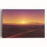 Desert landscape stretched canvas artwork showcasing vibrant orange and yellow hues, depicting a serene sunset over sandy dunes, perfect for home decor.
