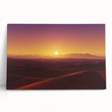 Desert landscape stretched canvas artwork showcasing vibrant hues of orange and yellow, featuring dramatic mountains and a clear blue sky, perfect for modern home decor.