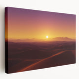 Desert landscape stretched canvas artwork showcasing vibrant sunset hues of orange and purple, framed against a serene sky, ideal for home decor.