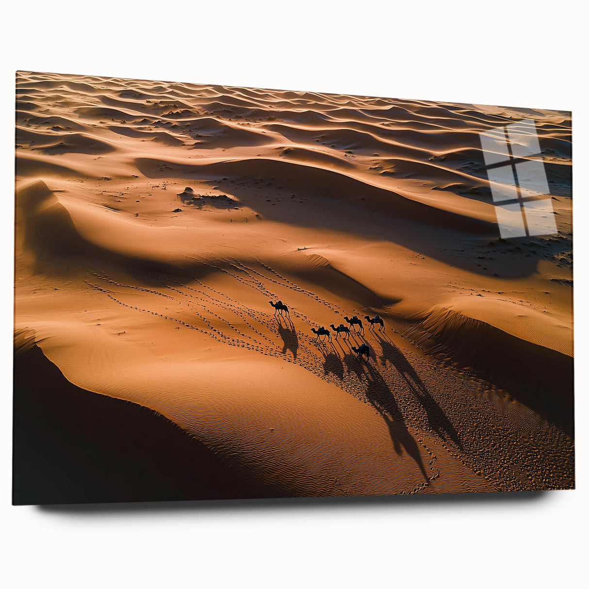 Acrylic glass artwork showcasing a serene desert landscape with rolling dunes, presented in a side view without pins, perfect for modern decor.