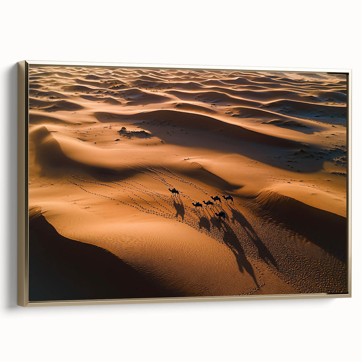 Framed canvas art depicting serene sand dunes in warm gold tones, showcasing a side view highlighting its elegant design, perfect for modern decor.