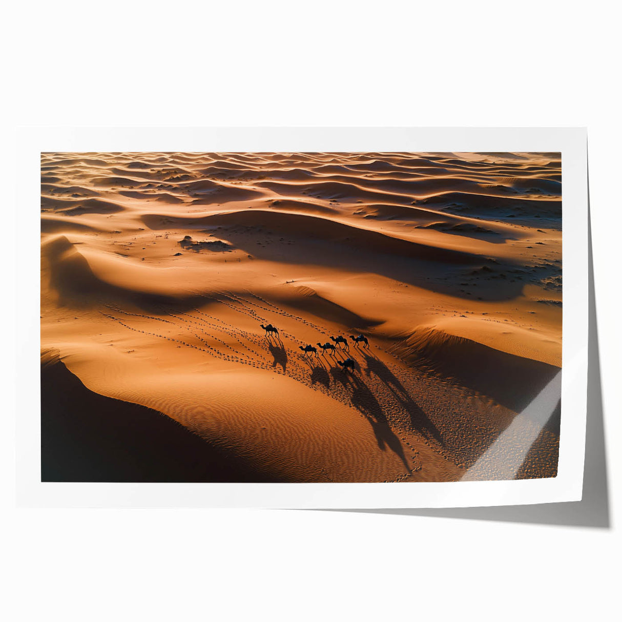 Desert landscape print featuring soft beige and golden dunes, elegantly rolled and packed in a protective tube for easy display. Ideal for modern home decor.