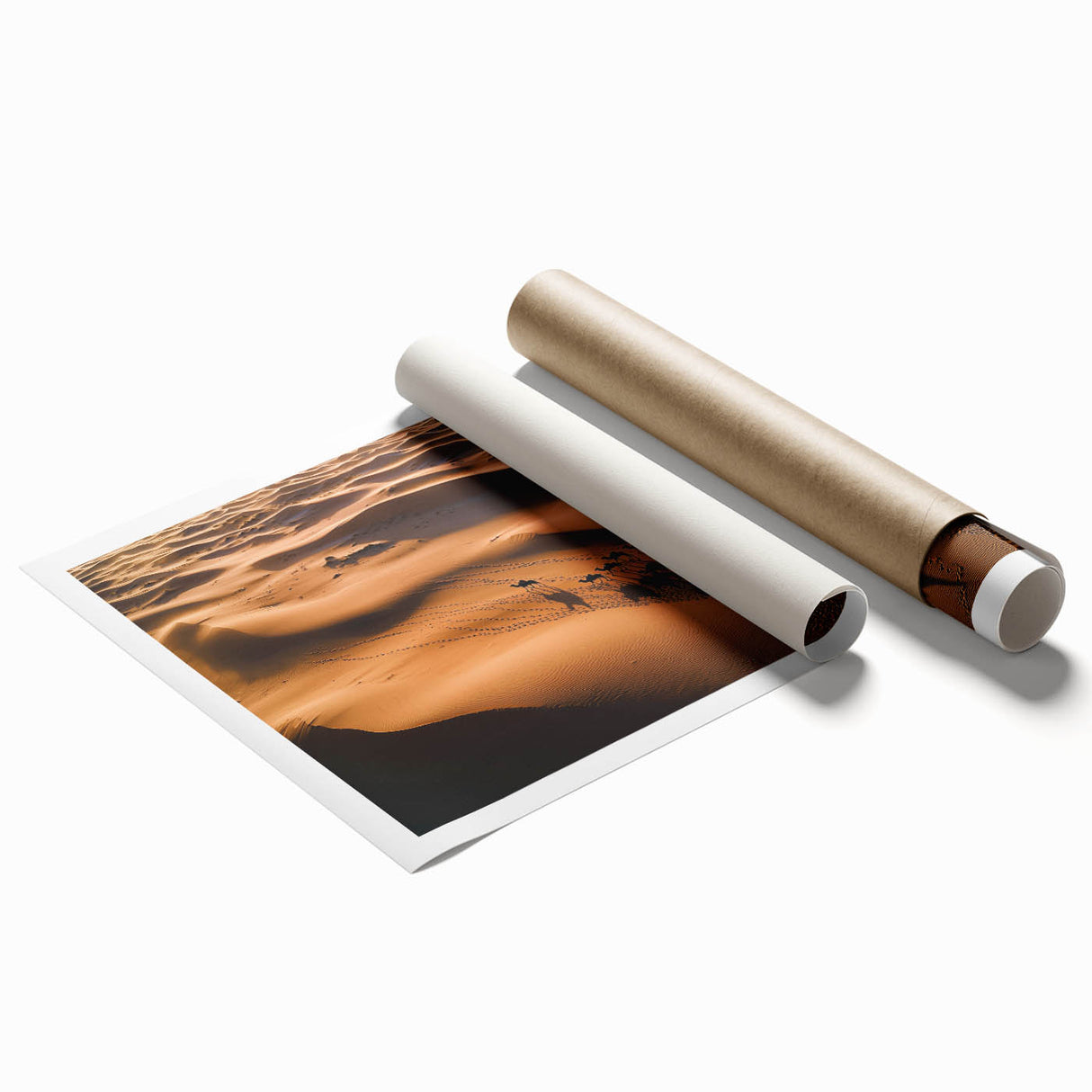 Desert landscape print showcasing golden sand dunes under a blue sky, rolled and ready for framing. Ideal for modern home decor and art enthusiasts.