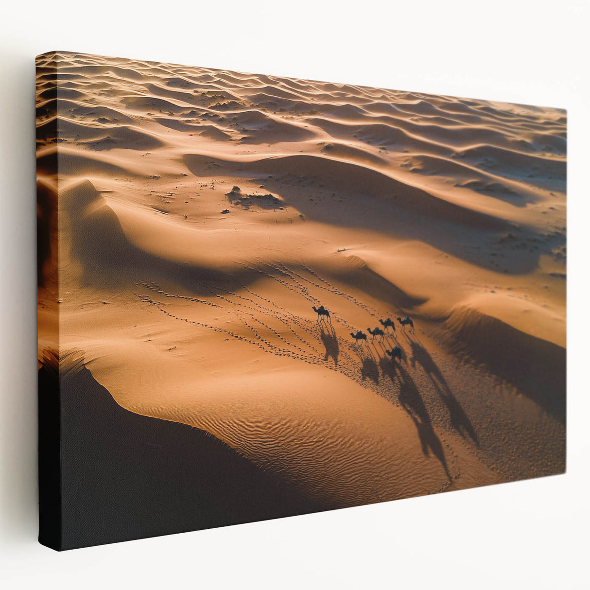 Stretched canvas artwork depicting serene dunes landscape in warm beige and golden tones, showcasing soft curves and textured details for a calming ambiance in any space.