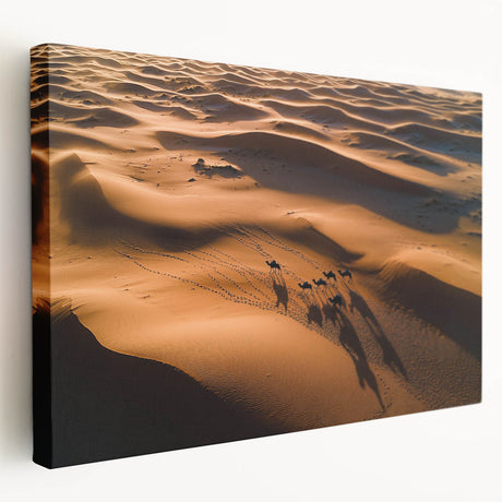 Stretched canvas artwork depicting serene dunes landscape in warm beige and golden tones, showcasing soft curves and textured details for a calming ambiance in any space.